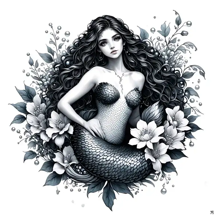 mermaid tail, pearls, floral design tattoo design idea