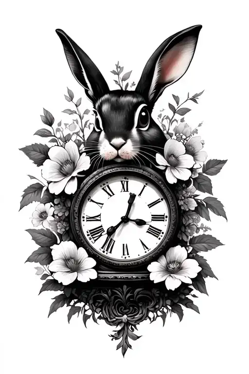 Alice In Wonderland, flowers, rabbit, absolum, clock, tree tattoo design idea