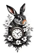 Alice In Wonderland, flowers, rabbit, absolum, clock, tree tattoo design idea
