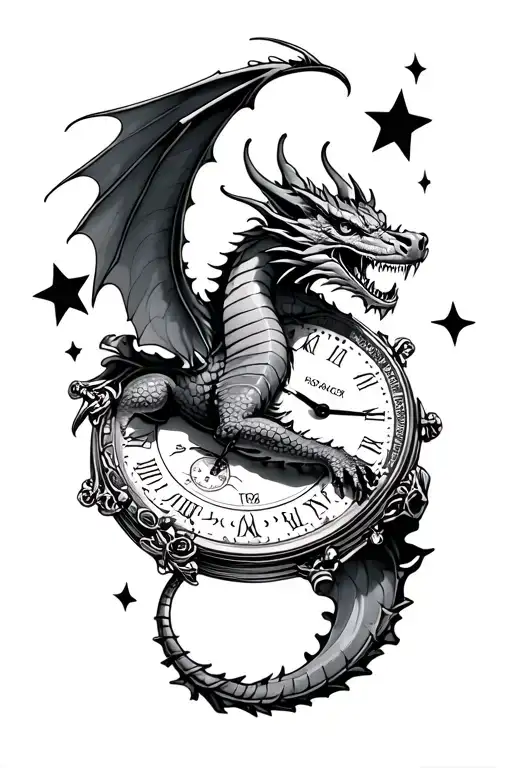 flying dragon as the central piece, a book, a tiny old watch, stars and moon tattoo design idea