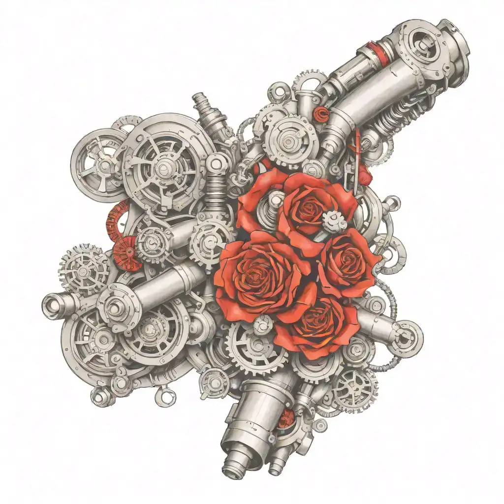A biomechanical tattoo on the forearm featuring realistic metallic components, pistons, and wiring integrated into the body. The design has a 3D effect with the skin wrapped around the mechanical parts, showing depth and intricate detailing, blending organic and mechanical elements with subtle red accents for contrast. tattoo design idea