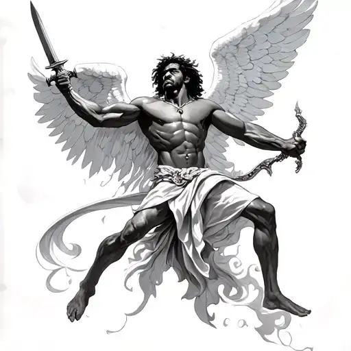 African American male version of Michael the  arch angel defeating Lucifer hold sword towards the sky tattoo design idea