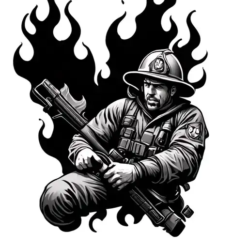 firefighter battling flames left arm sleeve tattoo design idea