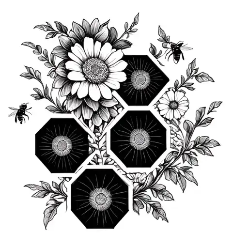 clusters of hexagons in a vertical line, intertwined with cheery flowers, with bees around tattoo design idea