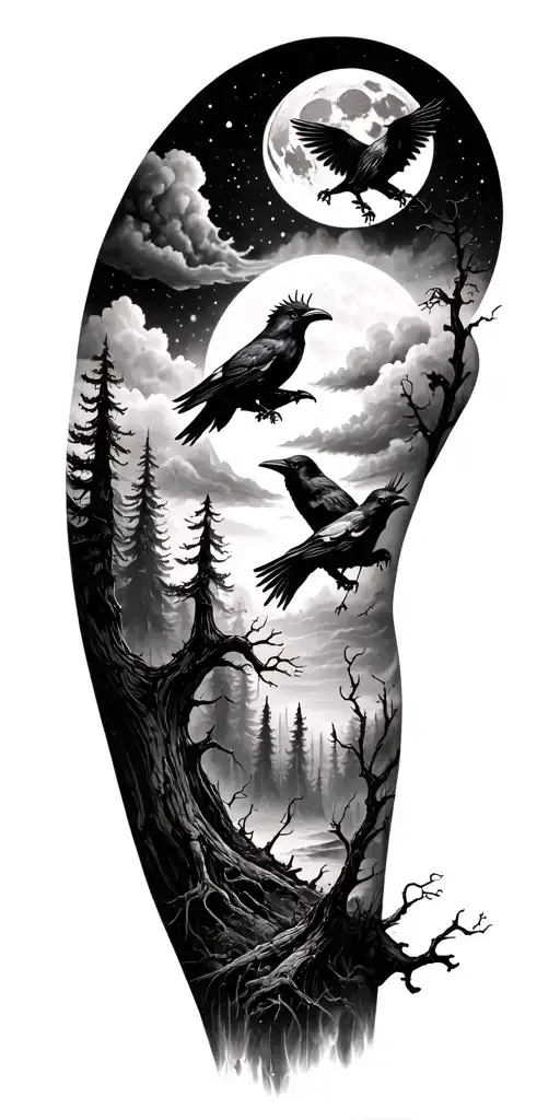 haunted forest sleeve with moon on shoulder, ravens, fog, trees, dead trees, clouds  tattoo design idea
