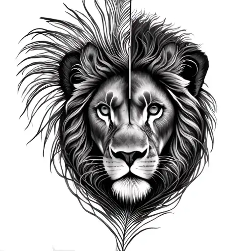 lion face split into a peacock feather tattoo design idea