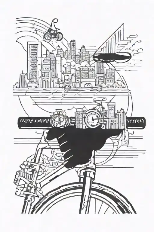 Wrist tattoo starting with a flatlined heartbeat leading into a line type city with a bike speeding at a wall tattoo design idea