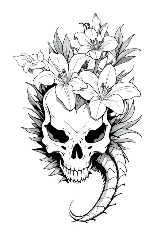 dragon skull with lillies and orchids intertwined symbolizing the client's love tattoo design idea