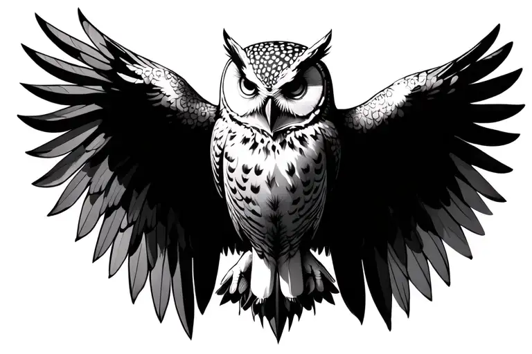 A highly detailed black and gray tattoo design of a Hawaiian white owl (Pueo), front-facing, wings spread wide and curve tattoo design idea
