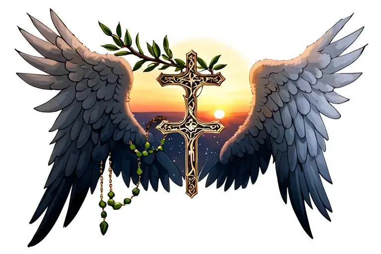angel wings w beautiful Catholic rosary cross wrapped in olive branch sunset behind it w stars in the sky tattoo design idea