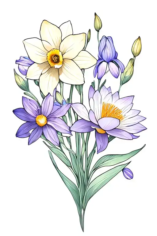 Light and airy sleeve tattoo with narcissus flower, primrose, violet and iris, aster, water lilly, lilly of the valley tattoo design idea