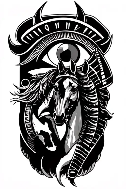 eye of Horus and Amor Fati Skelton on horse tattoo design idea