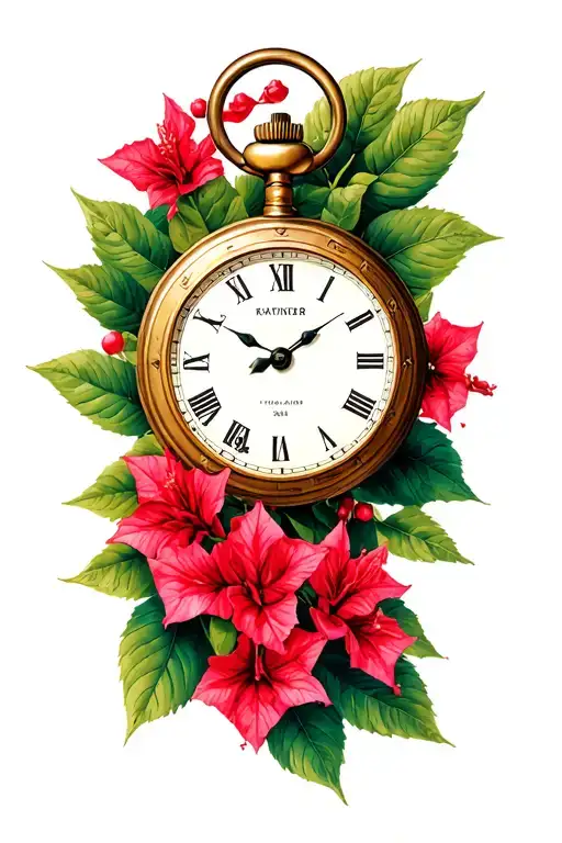 pocketwatch with time on 15:30, libra scale with weights representing, Bougainvillea tattoo design idea