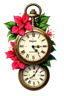 pocketwatch with time on 15:30, libra scale with weights representing, Bougainvillea tattoo design idea