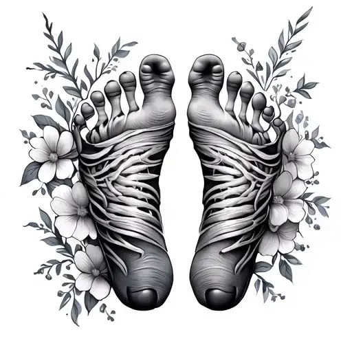 3 footprints, ribs, belly side, with flowers tattoo design idea