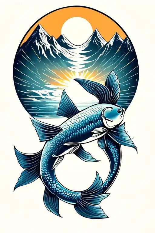 geometric Pisces upper arm tattoo with twin fish forming a circle, rising above abstract mountain peaks and sun rays, sy tattoo design idea