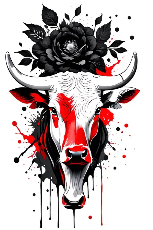Bull head, black flowers and leaves tattoo design idea