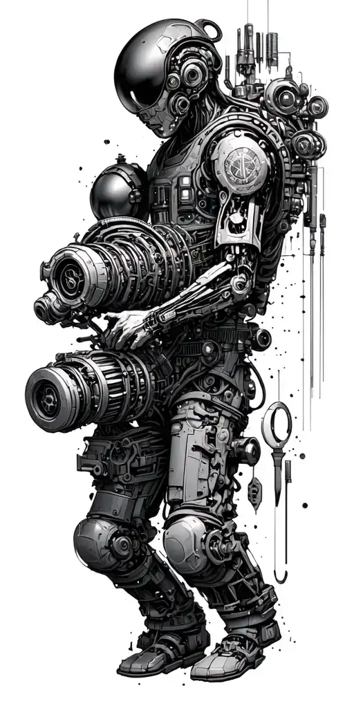 A cyborg mechanic working on a spaceship engine, surrounded by tools and futuristic technology tattoo design idea