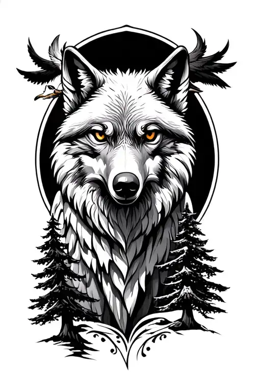wolf, eagle, and trees tattoo design idea