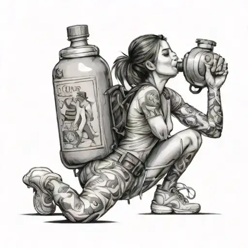 Girl Carrying a bottle double the size of herself, while squatting dowm to carry it tattoo design idea