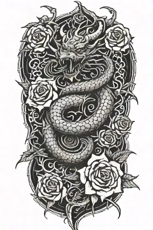 dragon rising from knee, coiling around a flaming fractal rose blooming on the thigh, glowing with light. tattoo design idea