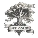 Half Dead tree, with a banner wrapped around the trunk saying "Live Right Now" tattoo design idea
