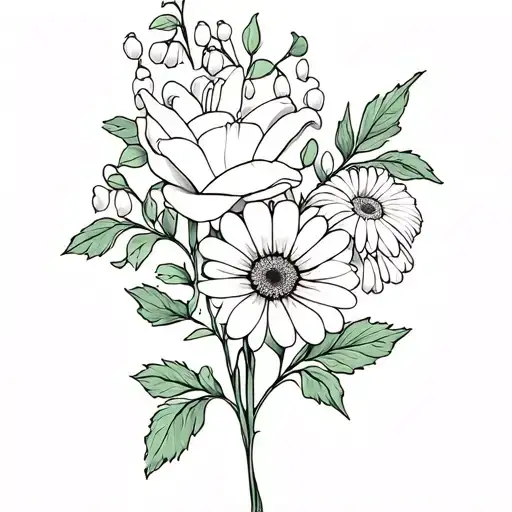 rose, lily of the valley and daisy intertwined in tattoo design idea