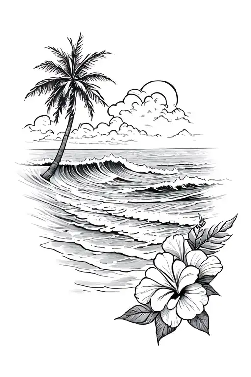 beach with ocean waves crashing with hibiscus on the right side and palm tree on the left tattoo design idea