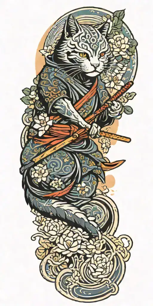 ninja cat holding katana, tail, water, waves, lotus, sakura, clouds, whirlpool, leaves, peony, sunset tattoo design idea