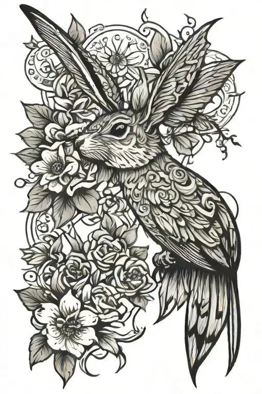 rabbit, hummingbird, and butterfly tattoo design idea