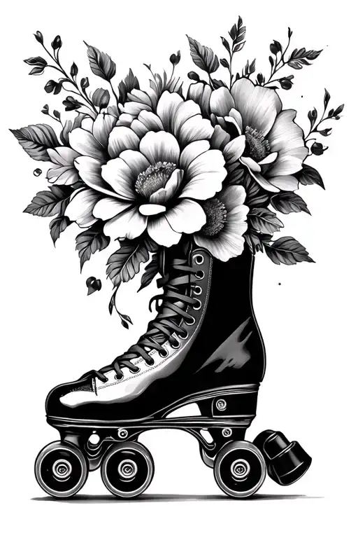 roller skate wheel in flowers intertwined tattoo design idea