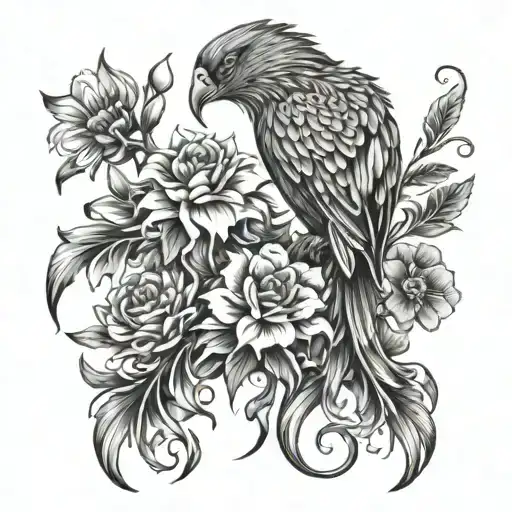 phoenix, floral patterns, negative space tattoo design idea