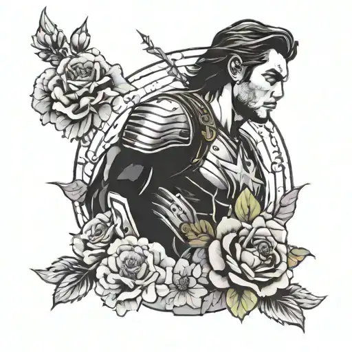 bucky barnes bent arm with lilac, carnation and rose flower tattoo design idea