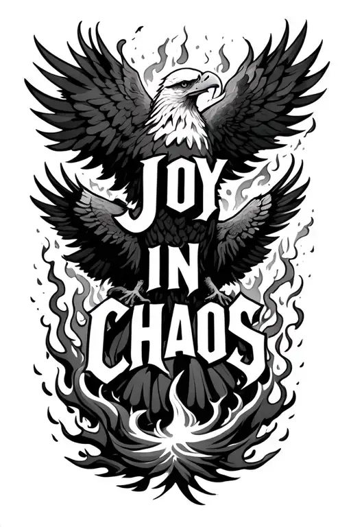the words "JOY IN CHAOS" written sideways. Flames and a storm are around the words, but above all that is an eagle tattoo design idea