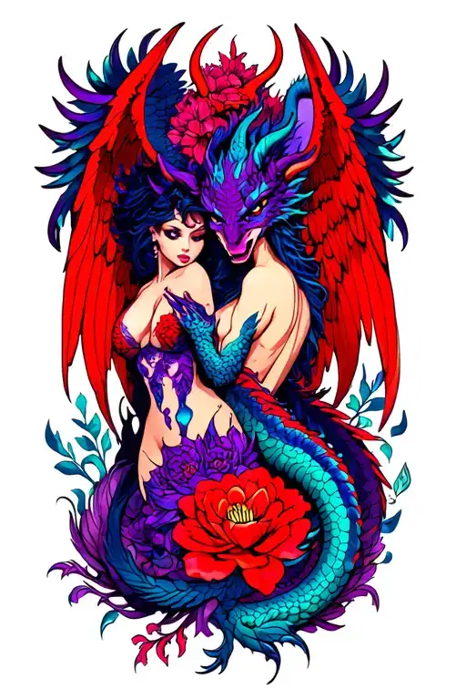 sexy demon and angel with dragon intertwined mostly blacks purples reds neon with flowers full coverage  tattoo design idea