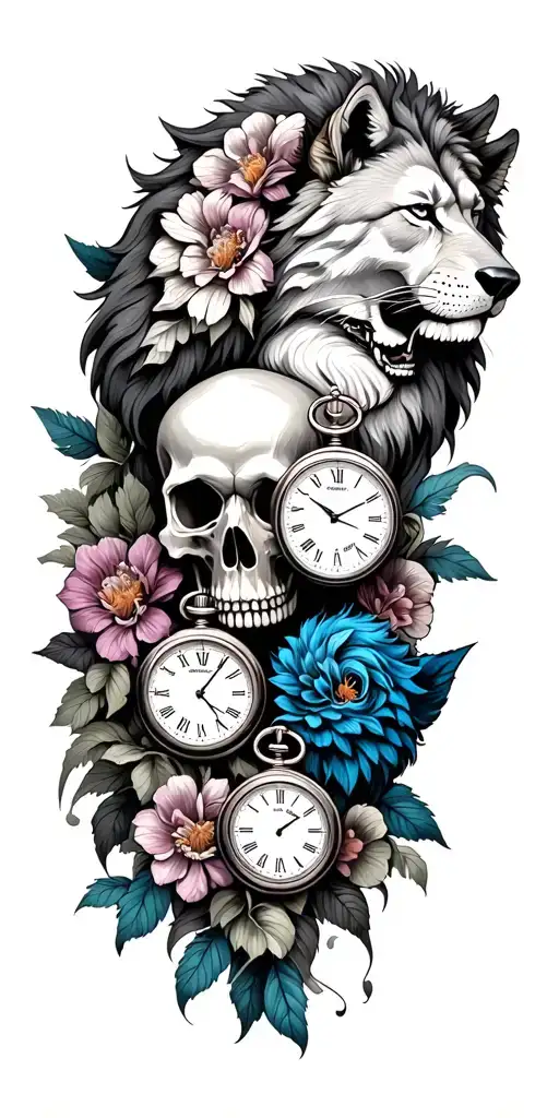 human skull and a lion with one claret and one blue and wolf with pocket watches and flowers growing around the watches  tattoo design idea