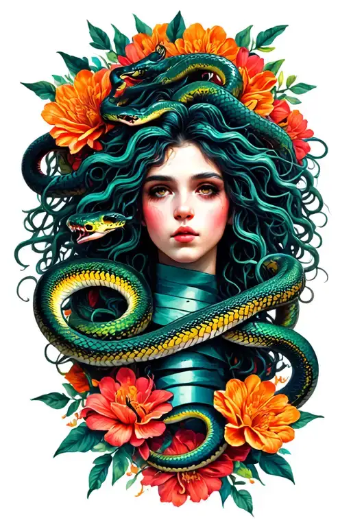 medusa with snakes wrapping around a scorpio with flowers tattoo design idea