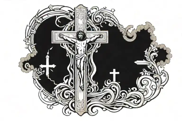 dad and son son and cross of Jesus Christ tattoo design idea