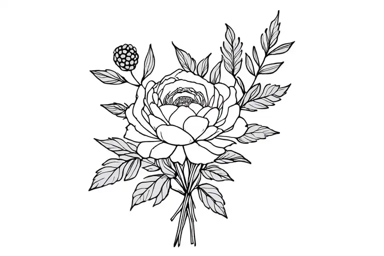 fineline dainty small floral bouquet with 1 blackberry shrub sprig, 1 beach rose, and 1 peony   tattoo design idea