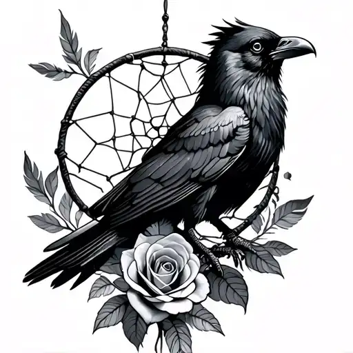 Black raven flying surrounded by two wrapped roses and dreamcatcher with long feathers tattoo design idea
