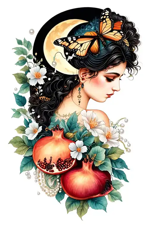ancient Babylonian goddess portrait, waxing crescent moon, pomegranate, art nouveau flowers, pearls, butterfly, 11, tattoo design idea
