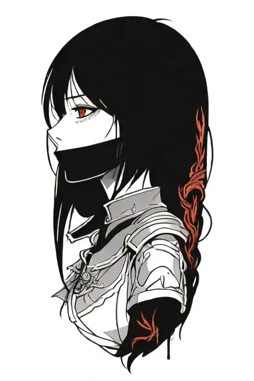 Dark Souls with hair with pigtails with blood on face Shoulder portrait tattoo design idea