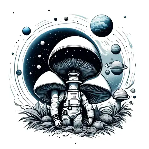 mushroom and astronaut and solar space system tattoo design idea