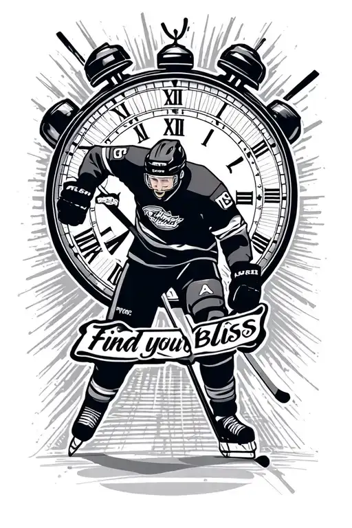 ice hockey player silhouette with clock at 5:24 with the words find your bliss incorprated tattoo design idea