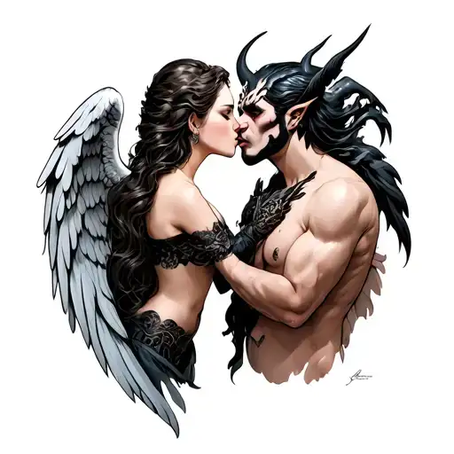 Angel women kissing a devil man, both gothy tattoo design idea