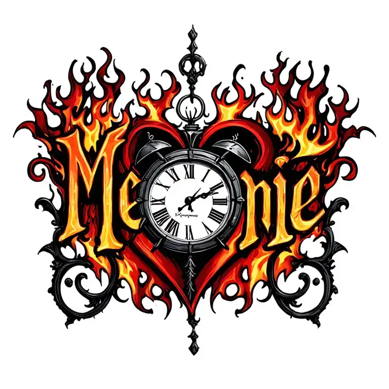 "Mélanie" clock heart in flame tattoo design idea