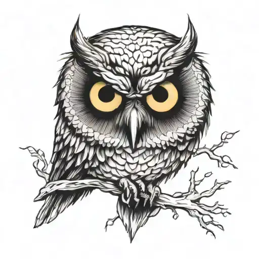 owl perched haunting eyes tattoo design idea