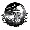 crescent moon, Japanese style clouds , bonsai tree , Japanese traditional tiger and a star with flames  tattoo design idea