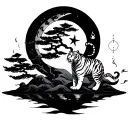 crescent moon, Japanese style clouds , bonsai tree , Japanese traditional tiger and a star with flames  tattoo design idea