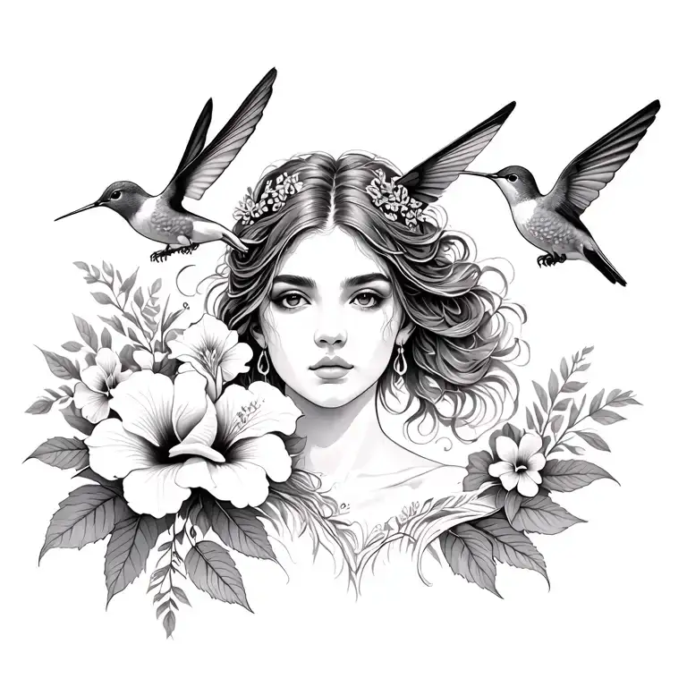 female sagittarius with hibiscus flowers and hummingbirds tattoo design idea
